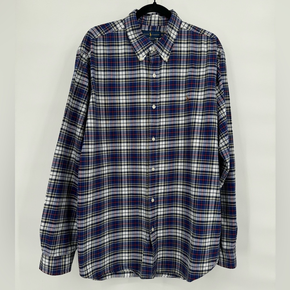 Ralph Lauren Men's Blue Plaid Classic Fit Button Up Shirt - XXL colored pony EUC